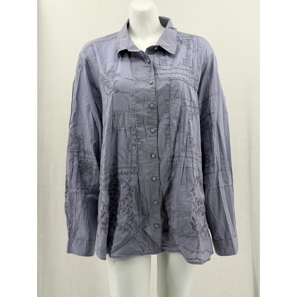 Anthropologie Top Womens 2X Purple Embroidered Button Up Boho Peasant Cottage